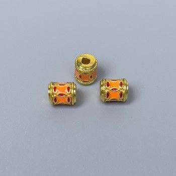 Cloisonné Bead – Cylindrical Orange-Red Enamel, diameter 5x6 mm, hole diameter 1.5 mm, gold-tone metal, 1 pc