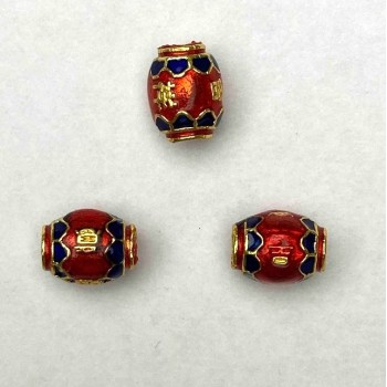 Cloisonné Bead, Barrel-shaped, Red and Blue Enamel, 8x10 mm, ± Hole Diameter 1.8 mm, Gold-tone Metal, 1 pc