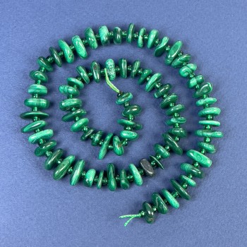 Malachite Chips Beads 8-13x4mm ± with 3mm Seed Beads ± on Thread, Length 41 cm+