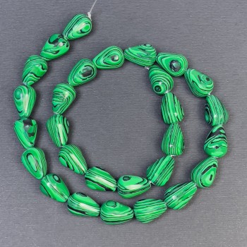 Malachite Drop Beads, pressed stone, teardrop shape, diameter 15x10 mm, hole diameter ~1 mm, length 40 cm