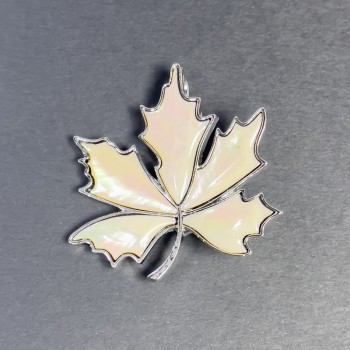 Brooch-Pendant Mother-of-Pearl Leaf, Silvery Metal 45mm+