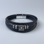 Men's Eco-Leather Bracelet in Black with Metal Inlays, 12–25 mm Thick, 22 cm Long, Silver-Toned Metal on the Clasp