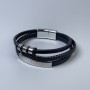 Men's black eco-leather bracelet with metal inserts, thickness 10-20 mm, length 22 cm, silver-toned metal on the clasp