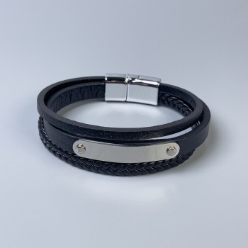 Men's eco-leather bracelet in black with metal inlays, thickness 10-19 mm, length 22 cm, silver-tone metal on the clasp