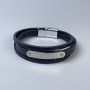 Men's eco-leather bracelet in black with metal inlays, thickness 10-19 mm, length 22 cm, silver-tone metal on the clasp