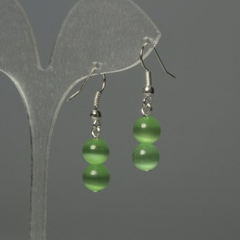 Cat's Eye Bead Earrings, 8mm Ball, Green Color, Length 37mm+