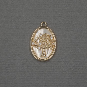 Tree Pendant with Mother-of-Pearl Inlay, 13×18×21×2 mm - Golden Metal