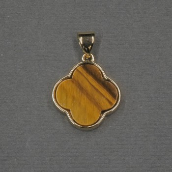Clover pendant with Tiger's Eye inset, 16x18x4 mm, gold-tone metal