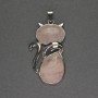 Cat Pendant with Rose Quartz, 25x51 mm, Silvery Metal