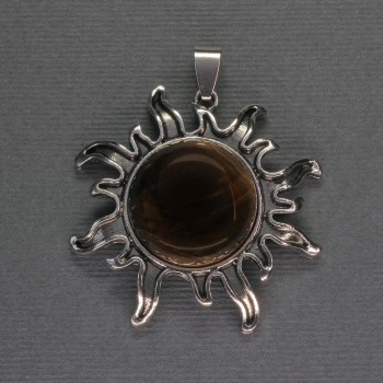 Sun Tiger's Eye Pendant, 42 mm diameter ±, 48 mm length ±, silver-toned metal