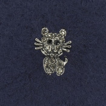 Cat Brooch with White and Black Crystals, Silver Metal 11x15mm+