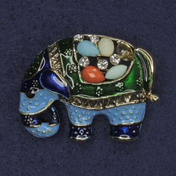 Elephant Brooch with Rhinestones and Assorted Stones, Enamel, Gold-Tone Metal 35x26 mm