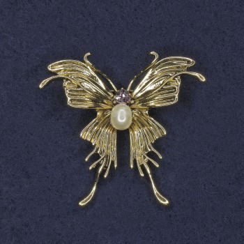 Butterfly Brooch with Pink Crystal and Pearl, Golden Metal, 40x44mm+