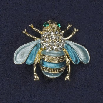 Bee Brooch with Blue Enamel and Rhinestones