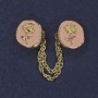 Cardigan Brooch, Pink Enamel, Gold-Tone Metal, Diameter ~20 mm, Chain Length ~9 cm