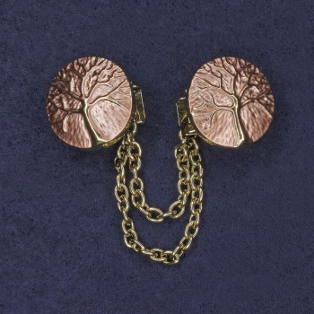 Brooch for cardigans pink enamel, gold-tone metal, diameter 20 mm ±, chain length 9 cm ±