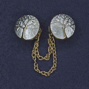 Брошка для кардиганів блакитна емаль золотистий метал, діаметр 20мм+- ланцюжок, довжина 9см+