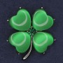Shamrock Brooch with Green Cat's Eye Crystal, Silvery Metal, Diameter 36×40 mm +