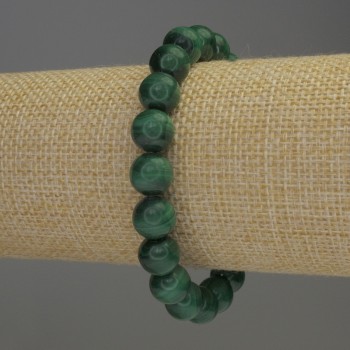 Malachite bracelet, natural stone, smooth bead, 10 mm diameter, 18 cm length