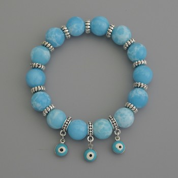 Larimar Bracelet with Smooth Beads, 10 mm Diameter, with Metal Inserts, 18 cm Stretch
