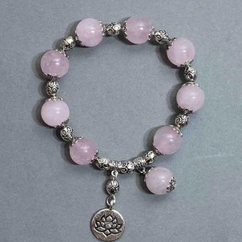 Bracelet Pink Quartz Beads, 12 mm Diameter, with Metal Inserts, 18 cm Length (Stretch)