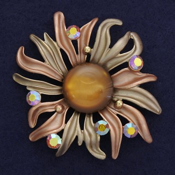 Brooch 'Flower', diameter 63 mm ± brown enamel, crystals on magnet