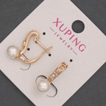 Xuping Earrings with White Crystals and Majorca Pearl Bead, 7 mm Diameter ±, 20 mm Length ±, 18K Gold Plating