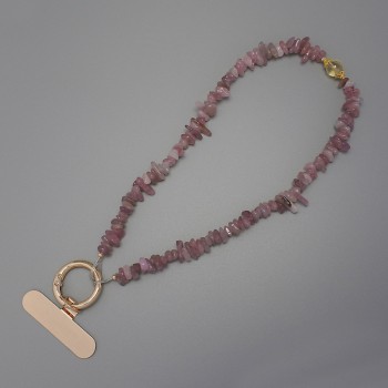 Брелок Ланцюжок тримач для телефона Полуничний кварц крихта 7-15х2-4мм+- кільце, діаметр 24мм+-, довжина 24см+
