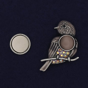 Magnetic Brooch Bird Enamel Cat's Eye Crystals Silvery Metal 34x28mm+