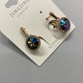 Xuping Earrings with 18K Gold Plating, Blue Stone and White Crystals, Diameter 11mm ±, Length 19mm ±