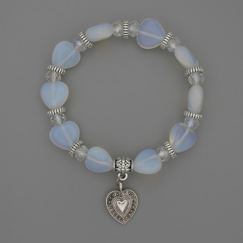 Браслет Місячний камінь серце, діаметр 12х12мм+- з металевими вставками, довжина 18см стрейч