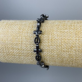 Hematite Bracelet 'Cross', beads 6×8 mm and 10×9 mm, 18 cm long, elastic