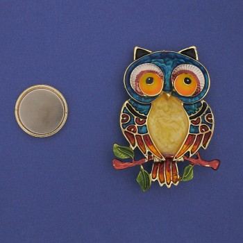 Owl Enamel Brooch on Magnetic Backing 55×40 mm ± Gold-tone metal