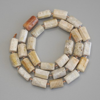 Petrified coral beads, faceted cut, diameter 12x7-8 mm, with 3 mm seed beads, length 39 cm on a thread