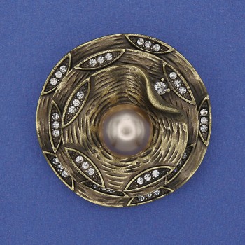 Brooch Accent Beige Pearl with White Crystals Bronze Color 40mm+