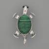 Turtle Malachite Brooch-Pendant, 52x35 mm, with Moving Parts, Silver-Colored Metal