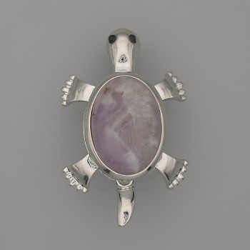 Amethyst Turtle Brooch-Pendant 52x35mm ± Moving Parts, Silver-Colored Metal