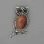 Owl Carnelian Brooch-Pendant 45x25mm ± Black Rhinestones, Silver Metal