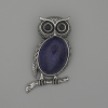 Owl Brooch-Pendant with Azurite, 45x25 mm ± Black Rhinestones, Silver-Tone Metal