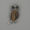 Brooch-Pendant Owl Tiger's Eye 45x25 mm +/- black rhinestones, silver-tone metal
