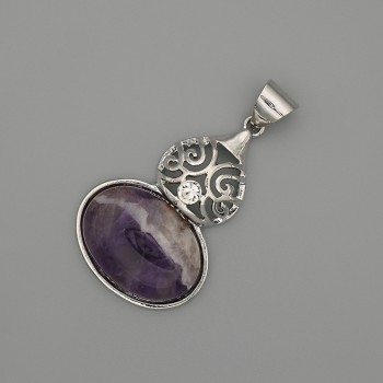 Amethyst cabochon pendant 50x28mm +/- silver-toned metal