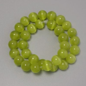 Olive Cat's Eye Beads - Olive-Green Synthetic Stone, Smooth Round Beads, Diameter 11.5 mm, on Beading Thread, Length 37 cm