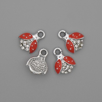 Pendant charm 'Sun' with crystals, red enamel, silver-colored metal, diameter 10×12 mm, pack of 4