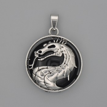 Pendant 'Dragon in a Circle' with Agate, diameter about 28 mm, length about 38 mm, silver-colored metal