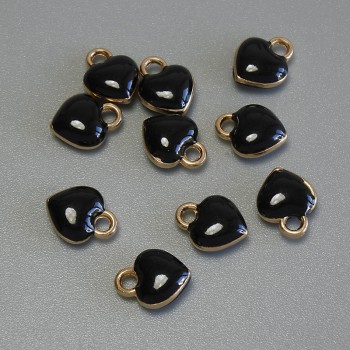 Heart pendant, black enamel on gold-tone metal, diameter 6×8 mm, pack of 10 pcs