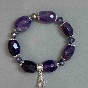 Faceted Amethyst Bracelet, oval beads, 19-20×11-15 mm, with metal inserts, length 18 cm ±, stretch