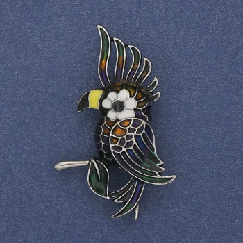 Parrot Brooch with Colored Enamel and Silver-tone Metal 51×31 mm+
