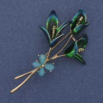 Flower Brooch with Blue Cat's Eye enamel and Golden metal 63x35mm+