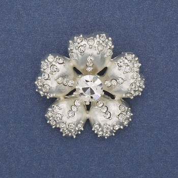 Flower Brooch with White Rhinestones, Pearl-White Color, Silver-Tone Metal, 33mm+