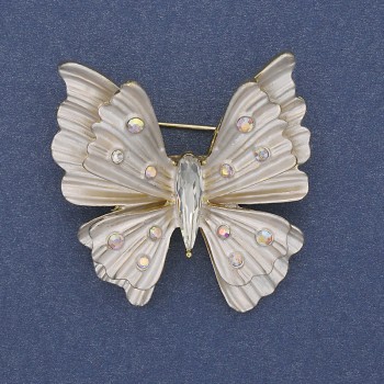 Brooch pendant 'Butterfly' with white enamel, rainbow crystals, gold-toned metal 39x42mm+